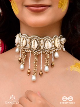 Abdhimanduki - The Pearl Lagoon- Shells, Beads, Pearl And Glass Drops Hand Embroidered Neckpiece