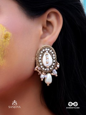 Dinara - The Shell Shoreline - Beads, Shells And Pearl Drops Hand Embroidered Earrings