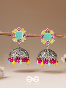 The Flowers Of Spring - Enamelled Oxidised Jhumka Earrings