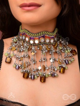 Dhaanshri- The Entrancing Music- Mirror, Beads And Coins Hand Embroidered Oxidised Choker Neckpiece