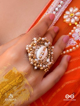 Pratisanshru - The Shore Promise - Shell And Beads Hand Embroidered Golden Ring (Adjustable)