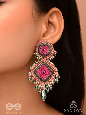 Ardramanjari - The Peony Cluster - Resham, Beads And Glass Drops Hand Embroidered Earrings
