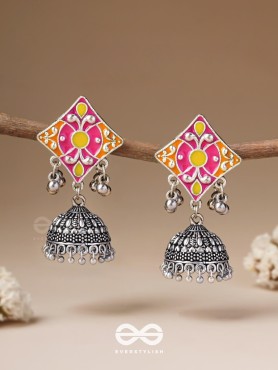 Melodies Of Twilight - Enamelled Oxidised Jhumka Earrings