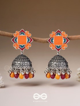 The Warm Hues - Enamelled Oxidised Jhumka Earrings