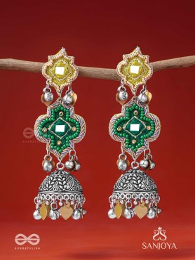Aranyaj - Song Of The Forest - Beads, Dabka And Coins Hand Embroidered Oxidised Jhumka Earrings