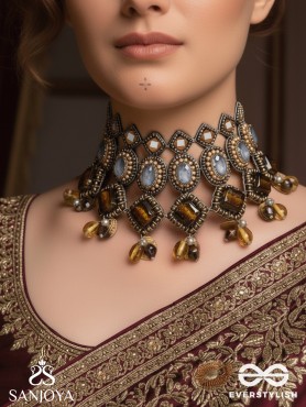 Haridhumra- The Amber Chestnut - Stones, Beads, Coins And Glass Drops Hand Embroidered Oxidised Neckpiece