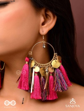 Aruniman - The Scarlet Melody - Resham, Coins And Beads Hand Embroidered Oxidised Hoop Earrings