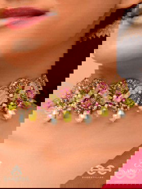 Manimekhala-Bejewelled Girdle-Choker adorned with pink and gold gemstones, beads and delicate pearl drops.