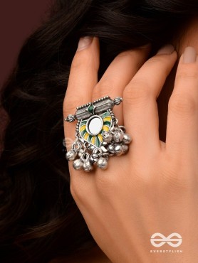 Moss Canopy-  Enamelled Oxidized Adjustable ring  with ghungroos and mirror.