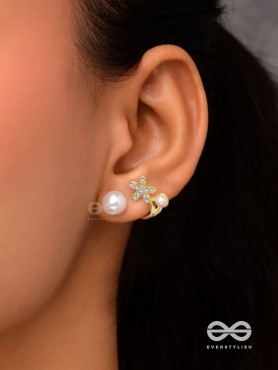 Golden crescent- Pearl studs' golden floral pattern 