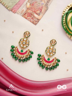 MANIDIPIKA " JEWEL LAMP" GOLD TONED EARRING WITH GLASS STONES,KUNDAN, PEARLBEADS, PINK ENAMEL AND GREEN TEAR DROP BEADS