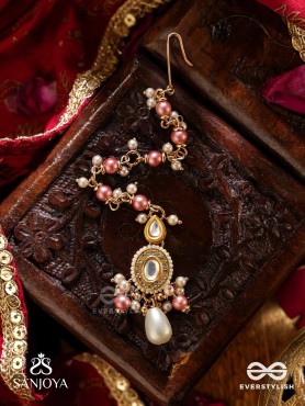 DIVYAMUKUTA - DIVINE ORNAMENT - PEARLS AND BEADS HAND EMBROIDERED MAANG TIKA (PINK & WHITE)