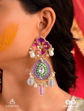 RANGOLIKA - A CANVAS OF COLORS - ENAMEL FLOWERS, BEADS AND PEARLS  HAND EMBROIDERD EARRINGS 