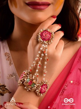 GULRATNA - JEWEL OF ROSES - HANDCRAFTED ROSE HAATHPHOOL WITH BEADED FRINGES, PEARLS AND GEM DETAILS