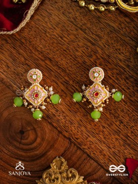 MADHUVRATA – SWEET AS SPRING BLOOM - GRACEFUL PINK ENAMELLED EARRINGS WITH KUNDAN GREEN BEADS AND PEARL DROPS
