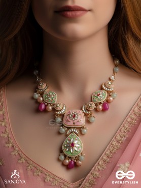 MADHUBHUSHANA - ADORNED WITH SWEETNESS - HANDCRAFTED KUNDAN ENAMEL NECKLACE WITH PEARL AND GEM DROPS
