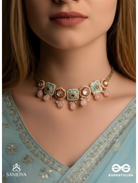 PUSHPAKSHI - BLOSSOMING BEAUTY - DELICATE KUNDAN MULTI-TONED ENAMEL CHOKER WITH DAINTY GEMSTONE DROPS