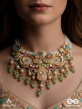 VASANTINI - SPRING’S BEAUTY - GRAND KUNDAN MULTI-CHAIN NECKLACE WITH PEARLS, BEADS AND GEM FRINGES