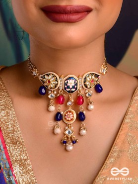 SANDHYARAGA - EVENING HUES - EXQUISITE KUNDAN NECKLACE WITH ENAMELLING AND GEM DROPS