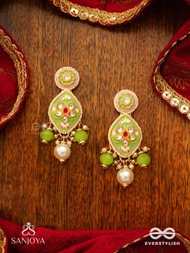 HARITRINA - VERDANT BEAUTY - KUNDAN DAINTY GOLDEN EARRINGS WITH HANDCRAFTED FLORAL ENAMEL WORK