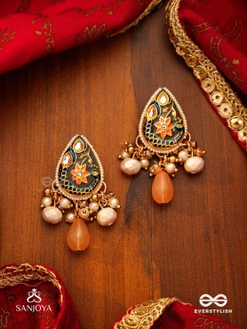 SANDHYAPRIYA - LOVER OF DUSK - EXQUISITE GOLDEN ENAMELLED KUNDAN EARRINGS WITH LUSTROUS ORANGE GEM DROPS