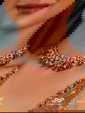 RUDRARAGA - MELODY OF RED - INTRICATE KUNDAN CHOKER WITH RUBY BEADS AND GOLDEN DETAILS