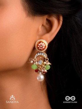 SUVARNACHANDRA - GOLDEN MOON - ROYAL KUNDAN EARRINGS WITH ORNATE CRESCENT DESIGNS AND GEM EMBELLISHMENTS