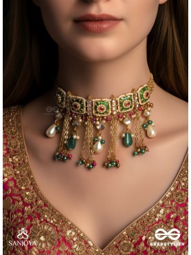 RANIRAGA - QUEEN’S MELODY- EXQUISITE KUNDAN NECKPIECE WITH FLORAL ENAMEL WORK, BEADS AND PEARLS