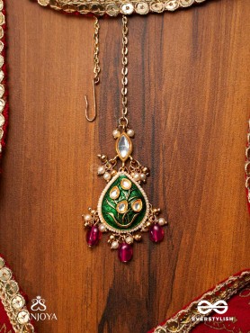 SINDURYA - SCARLET RAYS- GRAND CRESCENT ENAMEL KUNDAN MAANGTIKA WITH PEARLS AND BEADS