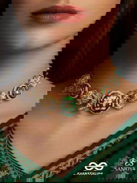 SHASHIRATNA - MOON GEM- MINIMALISTIC KUNDAN ENAMEL NECKLACE WITH FLORAL CENTER, PEARL SPHERES AND CELESTIAL DESIGN