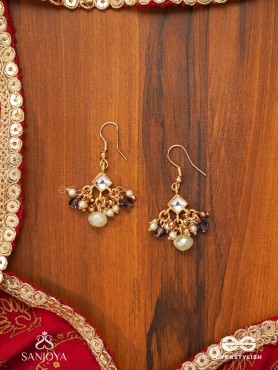 HARSHITA - THE JOYFUL ONE- DELICATE PEARL EARRINGS WITH MINI KUNDAN BLOOMS AND GREEN GEM DROPLETS