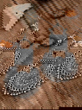 The Multilayered Embellished Trunk Danglers (Black) - Oxidised Boho Earrings