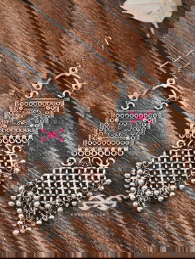 The Embellished Trunk Criss Cross Danglers (Pink) - Oxidised Boho Earrings