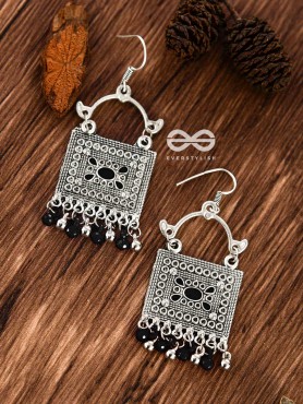 The Embellished Trunk - Oxidised Boho Earrings (Silver-Black)