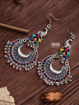 The Fanning Enamelled Peacocks - Oxidised Boho Earrings