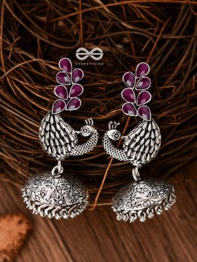 The Dancing Peacocks Engraved Jhumkis (Ruby Red) - Embellished Oxidised Collection