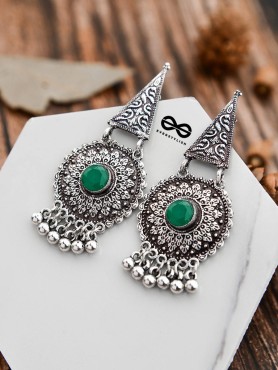 The Embellished Oxidised Collection - Intricate Geometry Earrings- Green