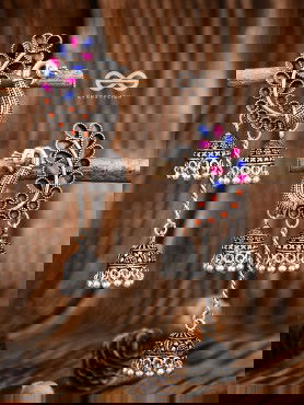 The Enamelled Peacocks Triple Jhumki Statement Earrings - Blue-Pink-Brown