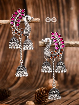 The Enamelled Peacocks Triple Jhumki Statement Earrings - Pink-Brown