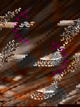 The Bohemian Elegance Floral Jhumkis (Ruby Red) - Oxidised Embellished Collection