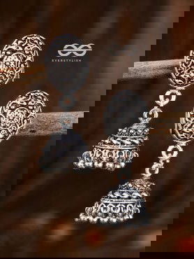 Little Floral Artwork - Oxidised Jhumki Earrings