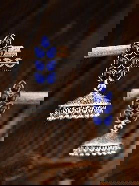 The Olive Branch Intricate Jhumkis - Royal Blue - The Embellished Oxidised Collection
