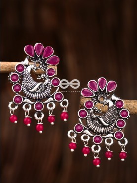 The Dangling Peacock Studs (Ruby Red) - Embellished Oxidised Collection