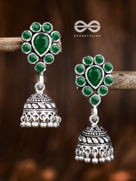 The Shimmery Droplet Jhumkis (Emerald Green) - The Embellished Oxidised Collection