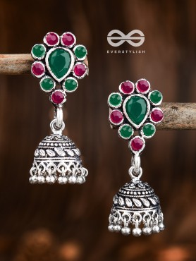 The Shimmery Droplet Jhumkis (Ruby Emerald) - The Embellished Oxidised Collection
