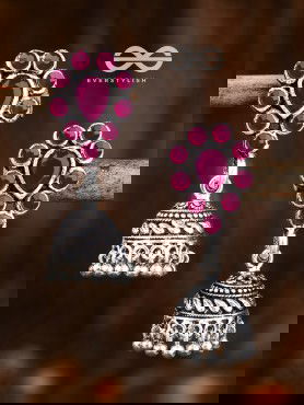 The Shimmery Droplet Jhumkis (Ruby Red) - The Embellished Oxidised Collection