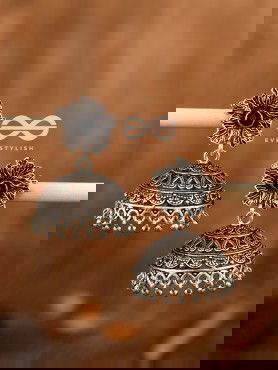 The Large Floral Intricate Jhumkas (Black) - Embellished Oxidised Collection