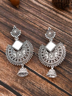 The Intricate Motif Mirror Work - Oxidised Boho Earrings