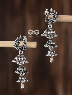 The Multilayered Peacock Jhumki - Oxidised Boho Earrings