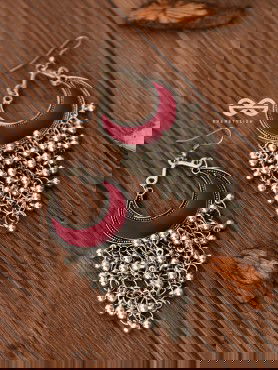 The Enamelled Moon Jhaalar (Red) - Oxidised Boho Earrings